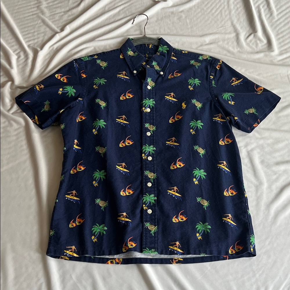 Navy Blue Tropical Print Men's Shirt